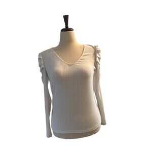 MNG cream puffed ruched shoulder v-neck stretch long sleeve top sz M